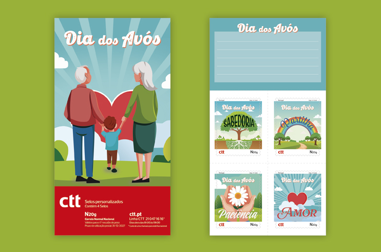 Uma ilustração colorida mostra um casal de idosos de mãos dadas com uma criança, todos de frente para um grande coração vermelho. O fundo é um céu azul com raios de luz e nuvens brancas, transmitindo uma sensação de alegria e carinho.