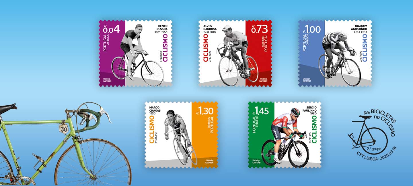 selos com imagens de 5 ciclistas portugueses