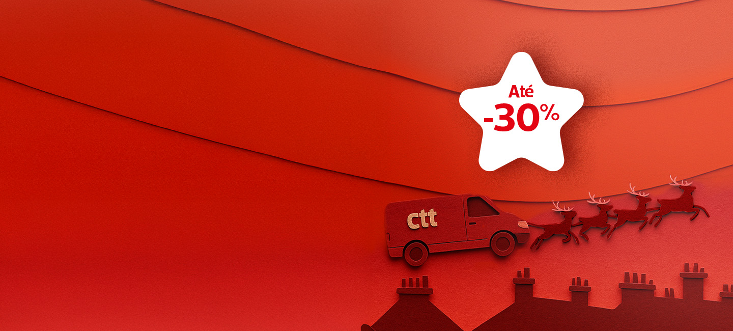 Renas a puxarem a Carrinha CTT. Fundo encarnado. Estrela com 10%de desconto