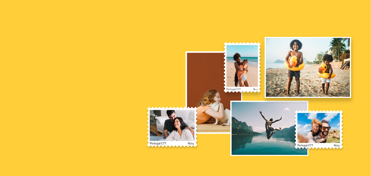 Imagem com fundo amarelo e com vários selos.