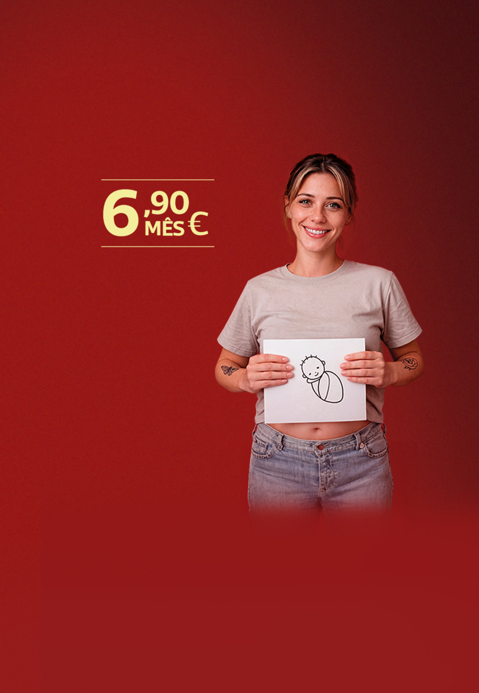 Mulher grávida e do lado esquerdo surge o preço do plano em letras grandes 