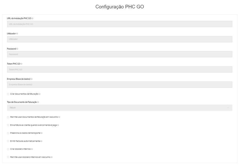 Configuração PHC GO ecrã 1